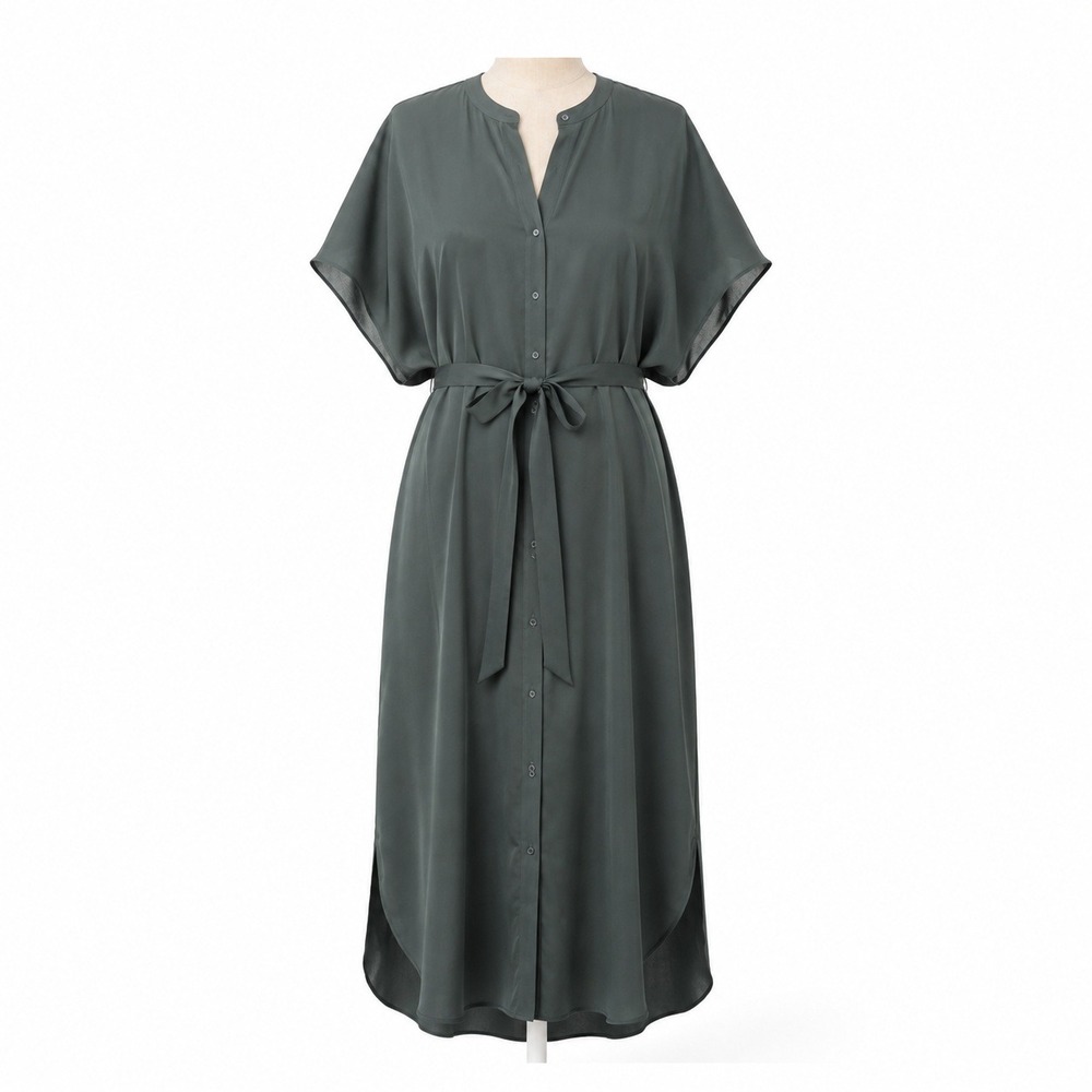 Quince Washable Stretch Silk Midi Shirt Dress Size XL Forest Green Minimalist